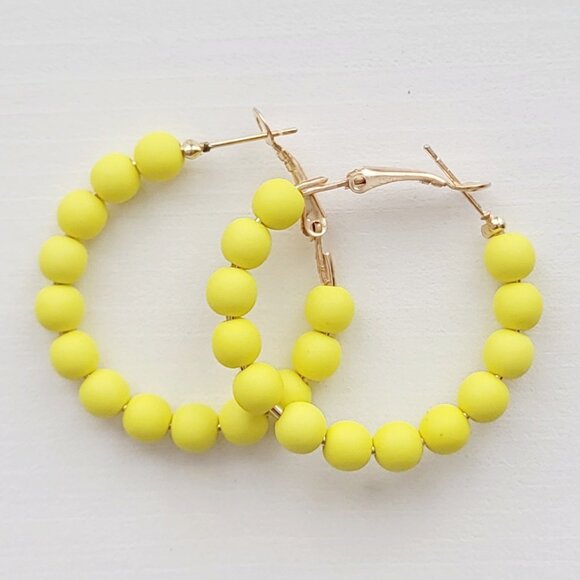 Elegant Solid Yellow Beaded Hoop Earrings - Perfectly Chic and Radiant - Picture 1 of 2